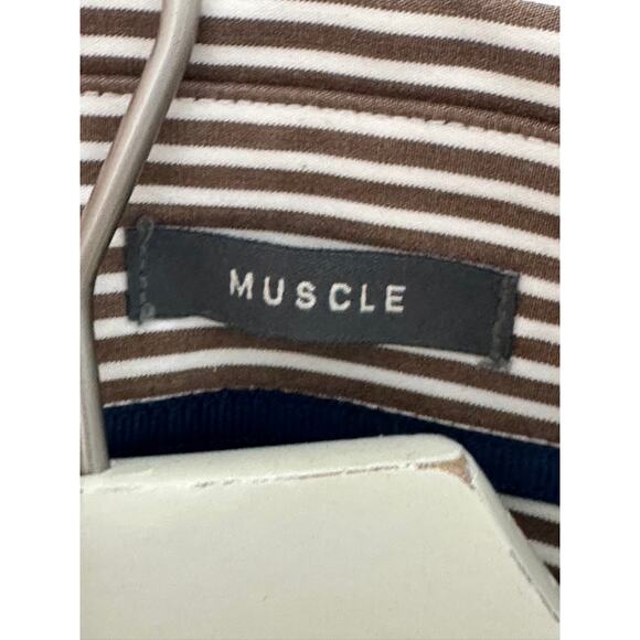 Abercrombie & Fitch Muscle Brown & White Stripe Button-Up Shirt Men's Large - Picture 8 of 8